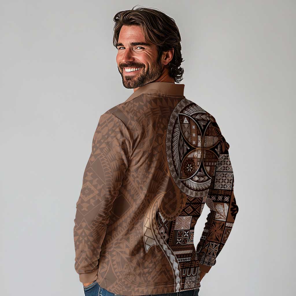 Samoan Siapo Art Tattoo Polynesian Pattern Long Sleeve Polo Shirt Brown Color - Polynesian Pride