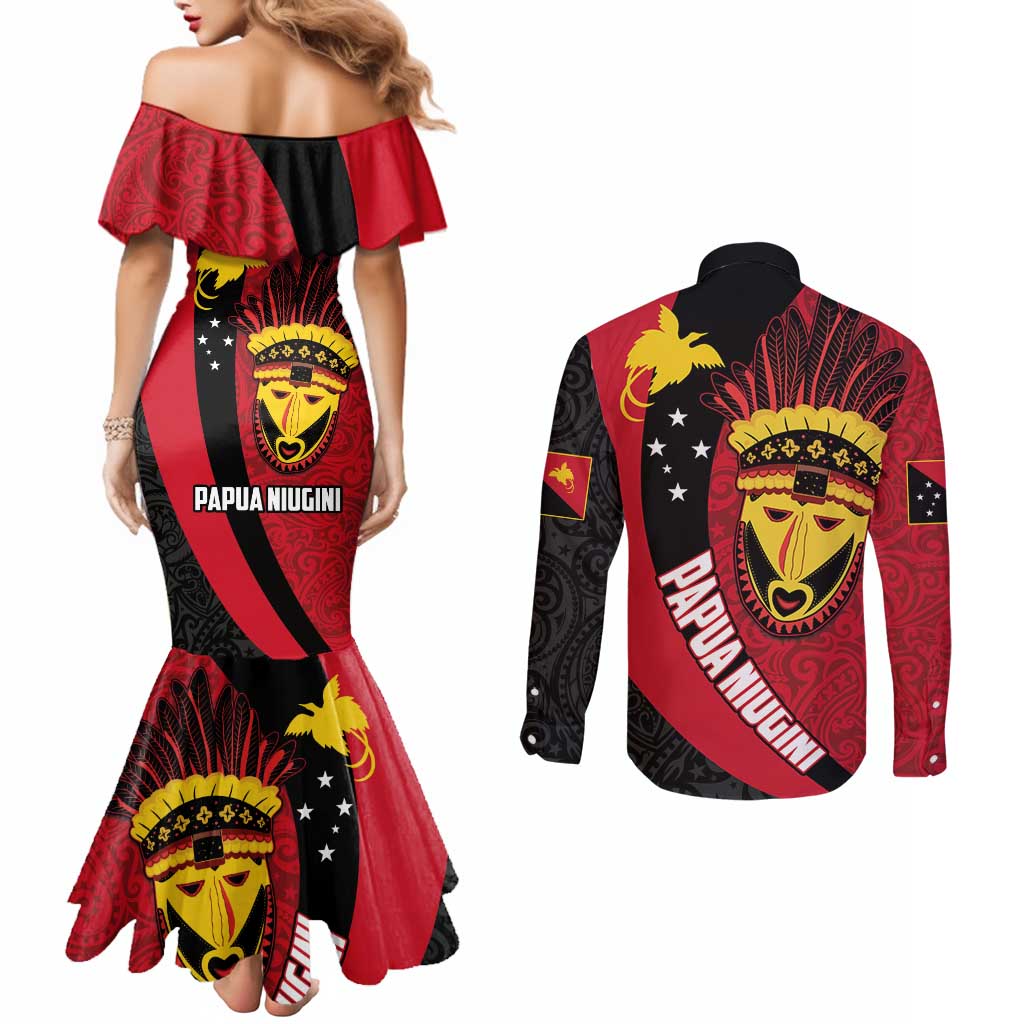 Papua New Guinea Mask Festival Couples Matching Mermaid Dress and Long Sleeve Button Shirt Papua Niugini Tribe Mask Melanesian Pattern LT03 - Polynesian Pride