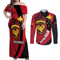 Papua New Guinea Mask Festival Couples Matching Off Shoulder Maxi Dress and Long Sleeve Button Shirt Papua Niugini Tribe Mask Melanesian Pattern LT03 Red - Polynesian Pride
