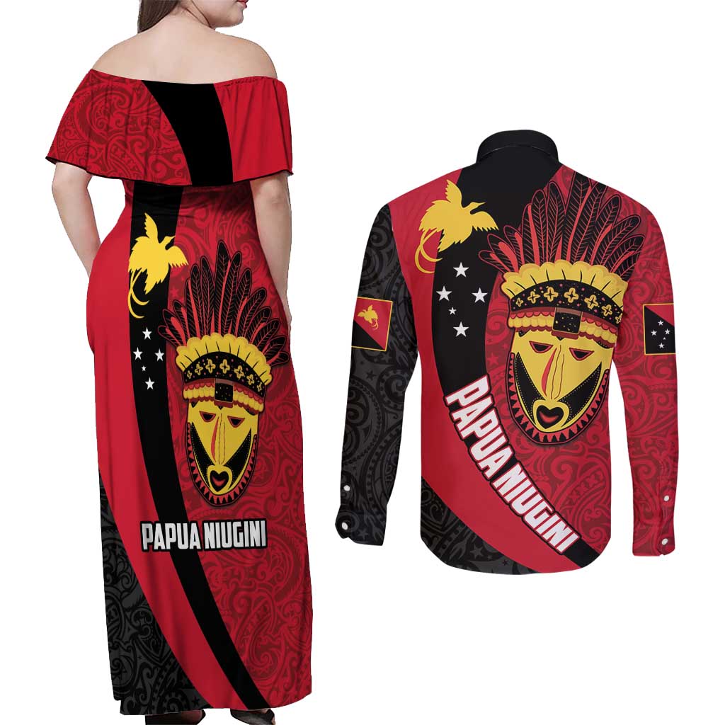 Papua New Guinea Mask Festival Couples Matching Off Shoulder Maxi Dress and Long Sleeve Button Shirt Papua Niugini Tribe Mask Melanesian Pattern LT03 - Polynesian Pride