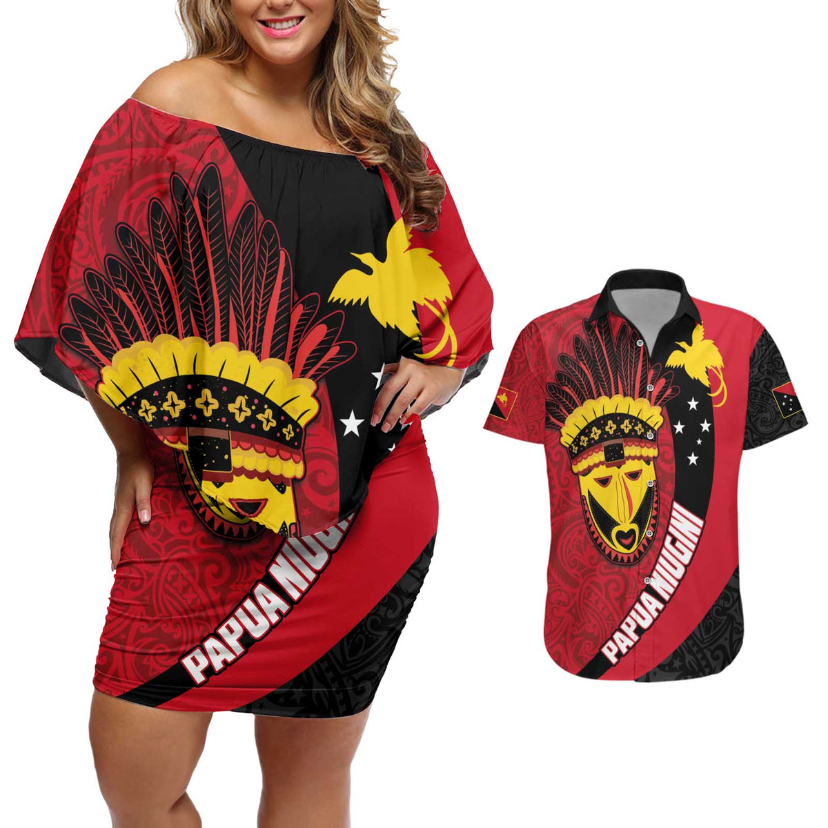 Papua New Guinea Mask Festival Couples Matching Off Shoulder Short Dress and Hawaiian Shirt Papua Niugini Tribe Mask Melanesian Pattern LT03 Red - Polynesian Pride