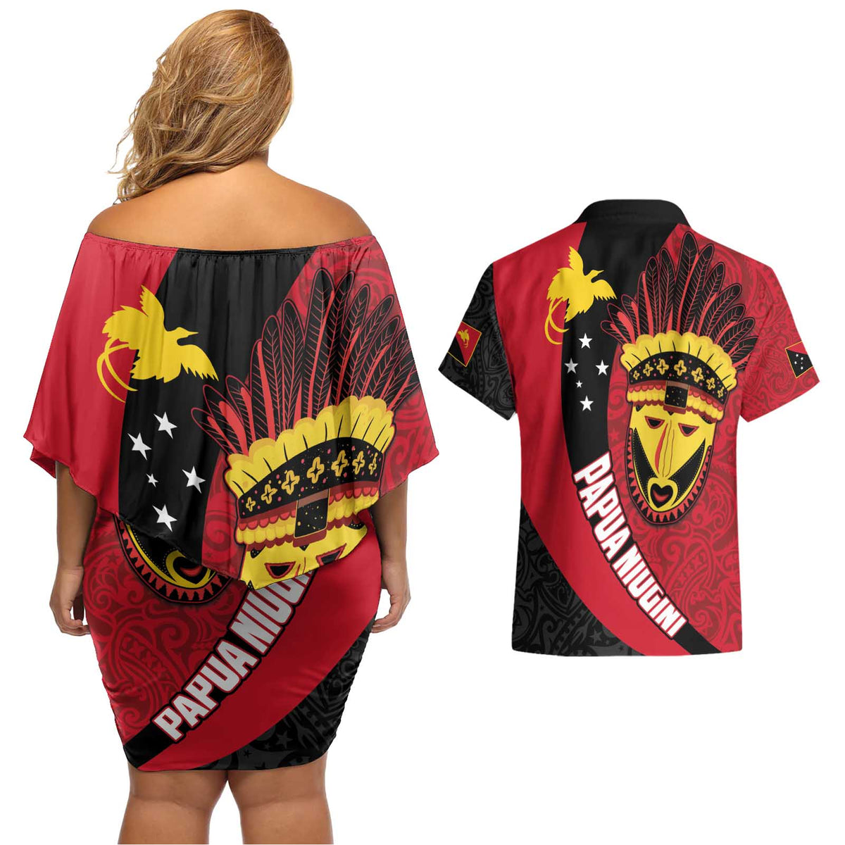 Papua New Guinea Mask Festival Couples Matching Off Shoulder Short Dress and Hawaiian Shirt Papua Niugini Tribe Mask Melanesian Pattern LT03 - Polynesian Pride