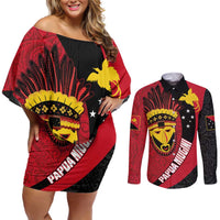 Papua New Guinea Mask Festival Couples Matching Off Shoulder Short Dress and Long Sleeve Button Shirt Papua Niugini Tribe Mask Melanesian Pattern LT03 Red - Polynesian Pride