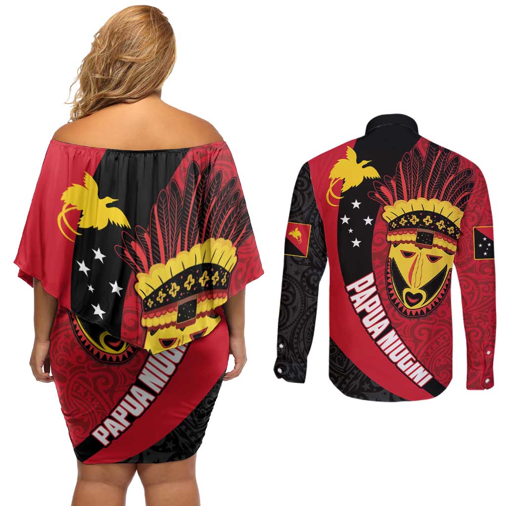 Papua New Guinea Mask Festival Couples Matching Off Shoulder Short Dress and Long Sleeve Button Shirt Papua Niugini Tribe Mask Melanesian Pattern LT03 - Polynesian Pride