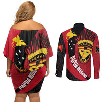 Papua New Guinea Mask Festival Couples Matching Off Shoulder Short Dress and Long Sleeve Button Shirt Papua Niugini Tribe Mask Melanesian Pattern LT03 - Polynesian Pride