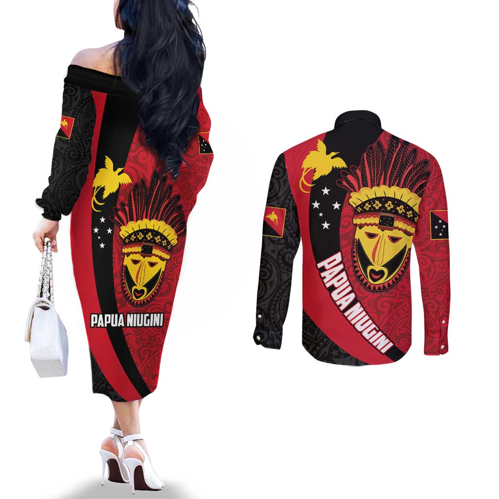 Papua New Guinea Mask Festival Couples Matching Off The Shoulder Long Sleeve Dress and Long Sleeve Button Shirt Papua Niugini Tribe Mask Melanesian Pattern LT03 - Polynesian Pride