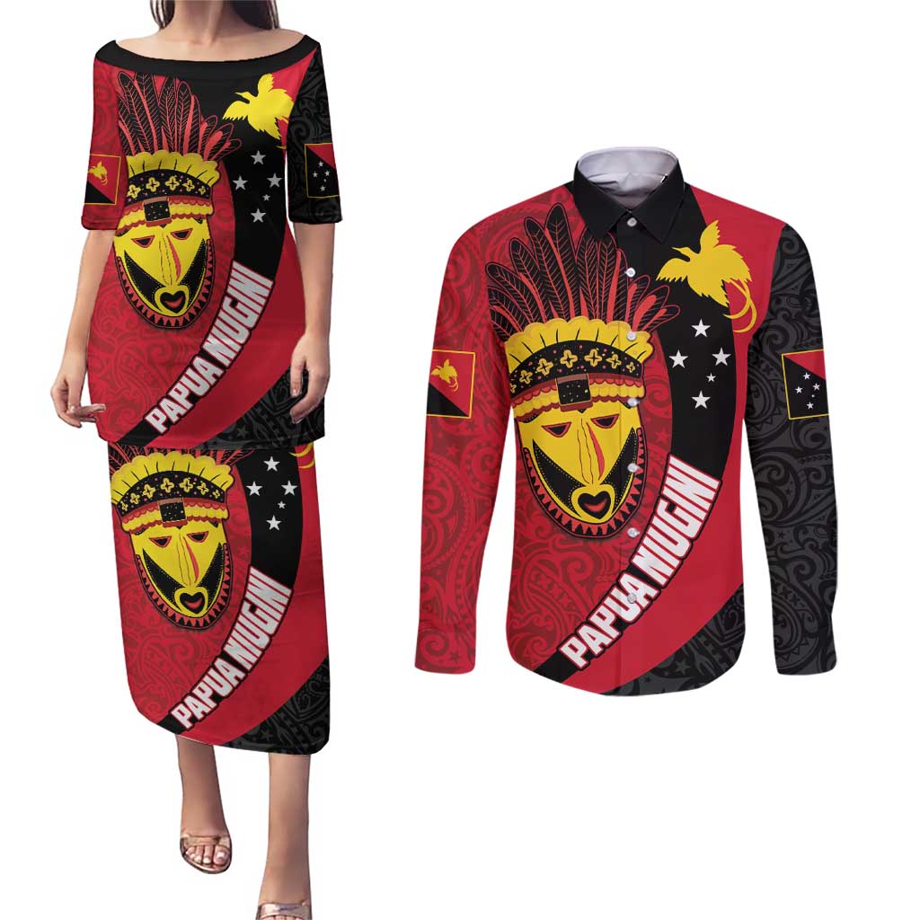 Papua New Guinea Mask Festival Couples Matching Puletasi and Long Sleeve Button Shirt Papua Niugini Tribe Mask Melanesian Pattern
