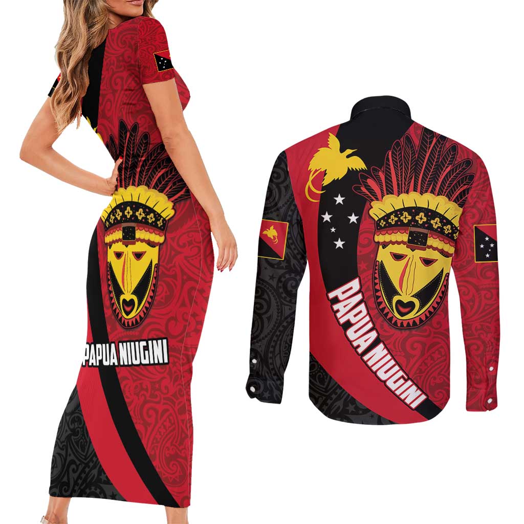 Papua New Guinea Mask Festival Couples Matching Short Sleeve Bodycon Dress and Long Sleeve Button Shirt Papua Niugini Tribe Mask Melanesian Pattern LT03 - Polynesian Pride