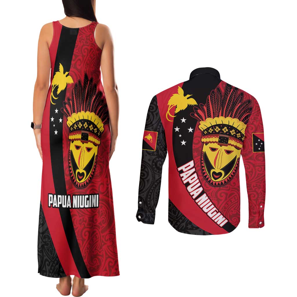 Papua New Guinea Mask Festival Couples Matching Tank Maxi Dress and Long Sleeve Button Shirt Papua Niugini Tribe Mask Melanesian Pattern LT03 - Polynesian Pride