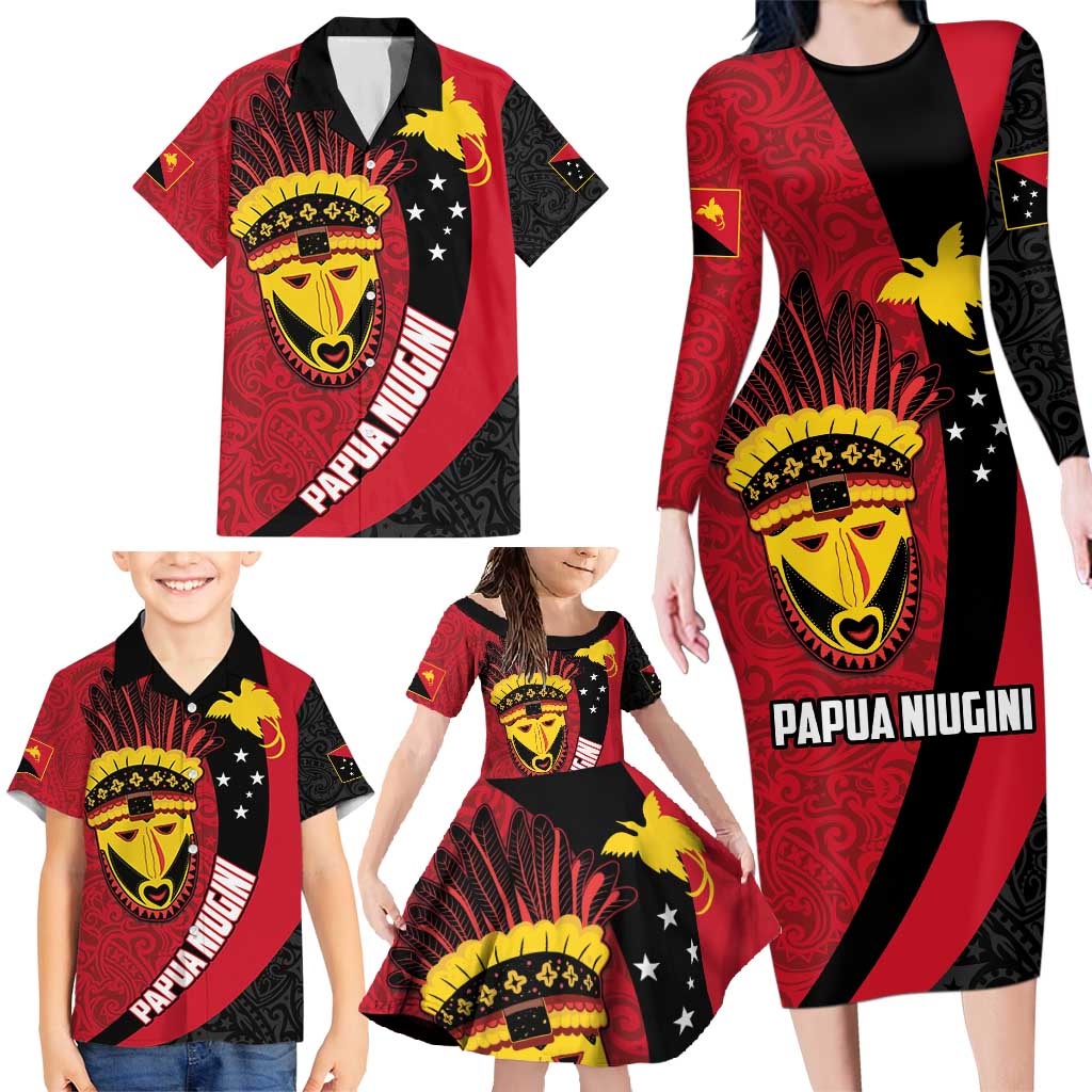Papua New Guinea Mask Festival Family Matching Long Sleeve Bodycon Dress and Hawaiian Shirt Papua Niugini Tribe Mask Melanesian Pattern LT03 - Polynesian Pride