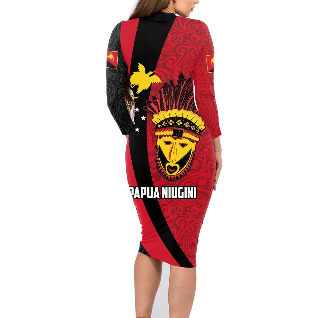 Papua New Guinea Mask Festival Family Matching Long Sleeve Bodycon Dress and Hawaiian Shirt Papua Niugini Tribe Mask Melanesian Pattern LT03 - Polynesian Pride