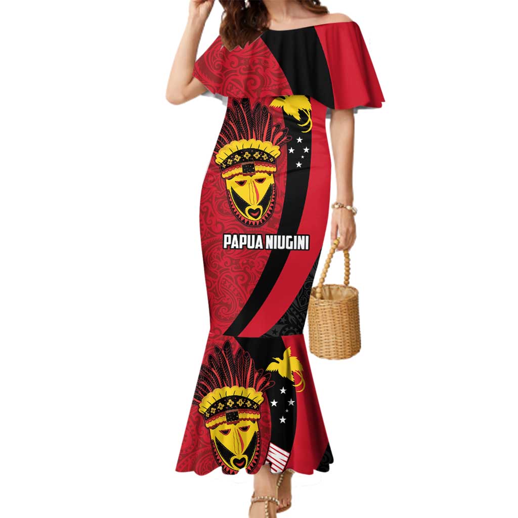 Papua New Guinea Mask Festival Family Matching Mermaid Dress and Hawaiian Shirt Papua Niugini Tribe Mask Melanesian Pattern LT03 Mom's Dress Red - Polynesian Pride