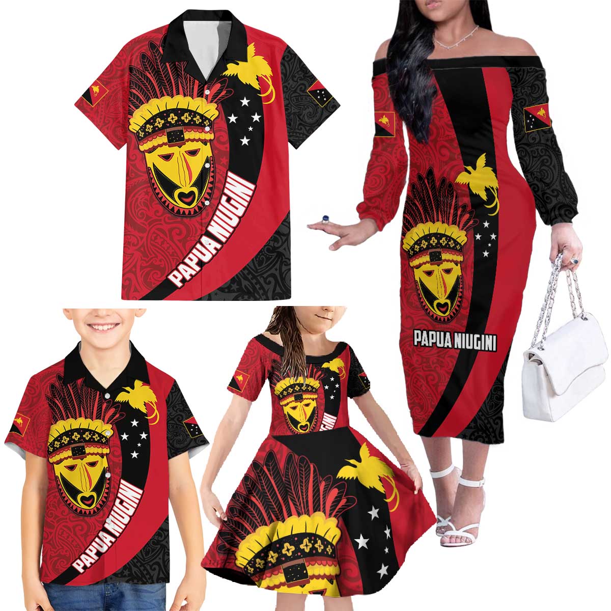 Papua New Guinea Mask Festival Family Matching Off The Shoulder Long Sleeve Dress and Hawaiian Shirt Papua Niugini Tribe Mask Melanesian Pattern LT03 - Polynesian Pride