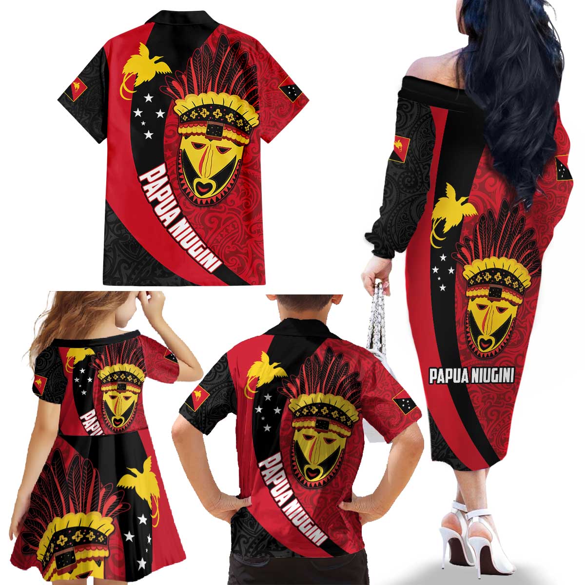 Papua New Guinea Mask Festival Family Matching Off The Shoulder Long Sleeve Dress and Hawaiian Shirt Papua Niugini Tribe Mask Melanesian Pattern LT03 - Polynesian Pride