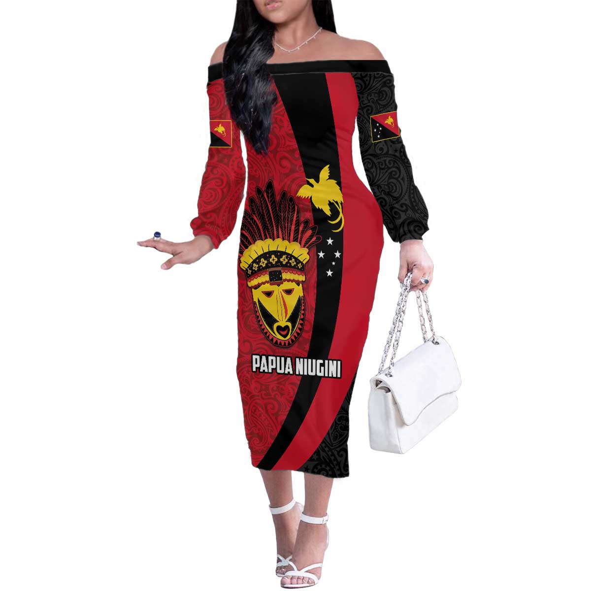 Papua New Guinea Mask Festival Family Matching Off The Shoulder Long Sleeve Dress and Hawaiian Shirt Papua Niugini Tribe Mask Melanesian Pattern LT03 Mom's Dress Red - Polynesian Pride