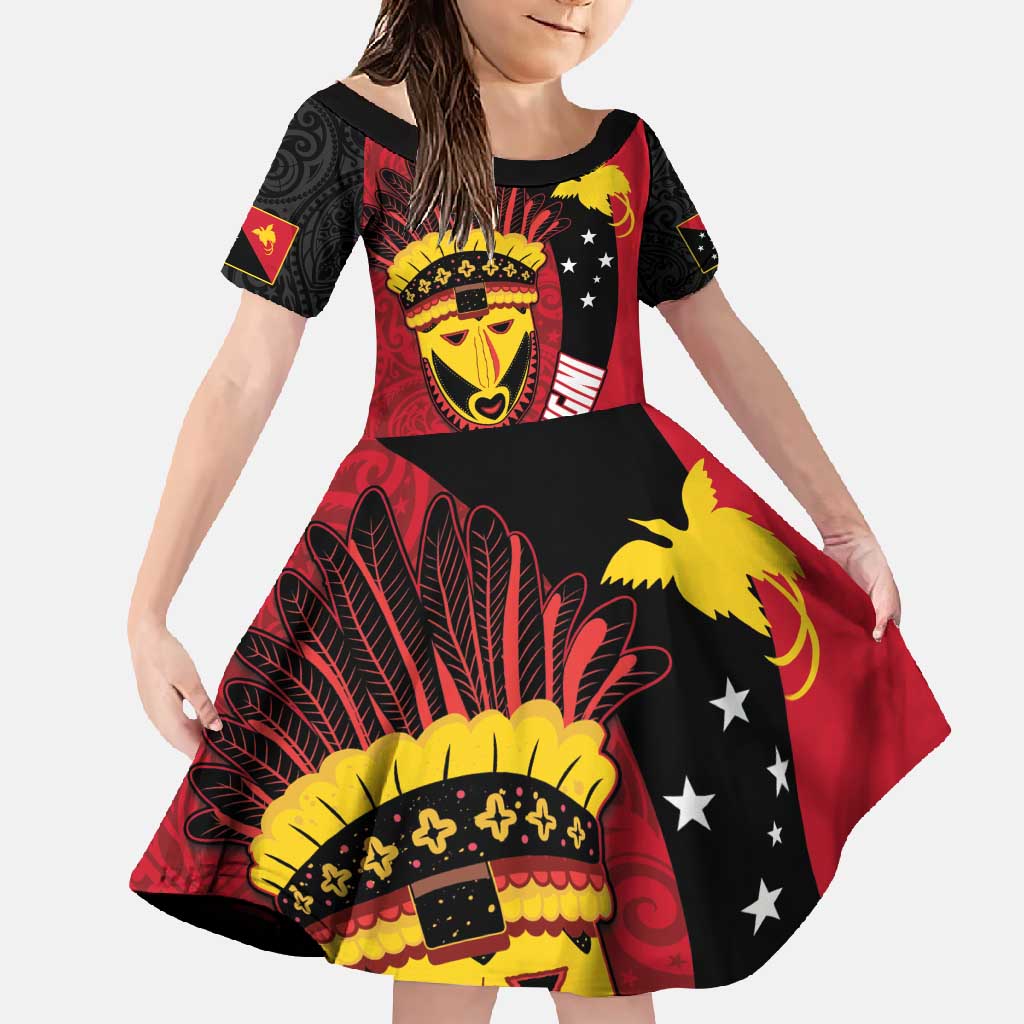 Papua New Guinea Mask Festival Family Matching Off Shoulder Maxi Dress and Hawaiian Shirt Papua Niugini Tribe Mask Melanesian Pattern LT03 Daughter's Dress Red - Polynesian Pride