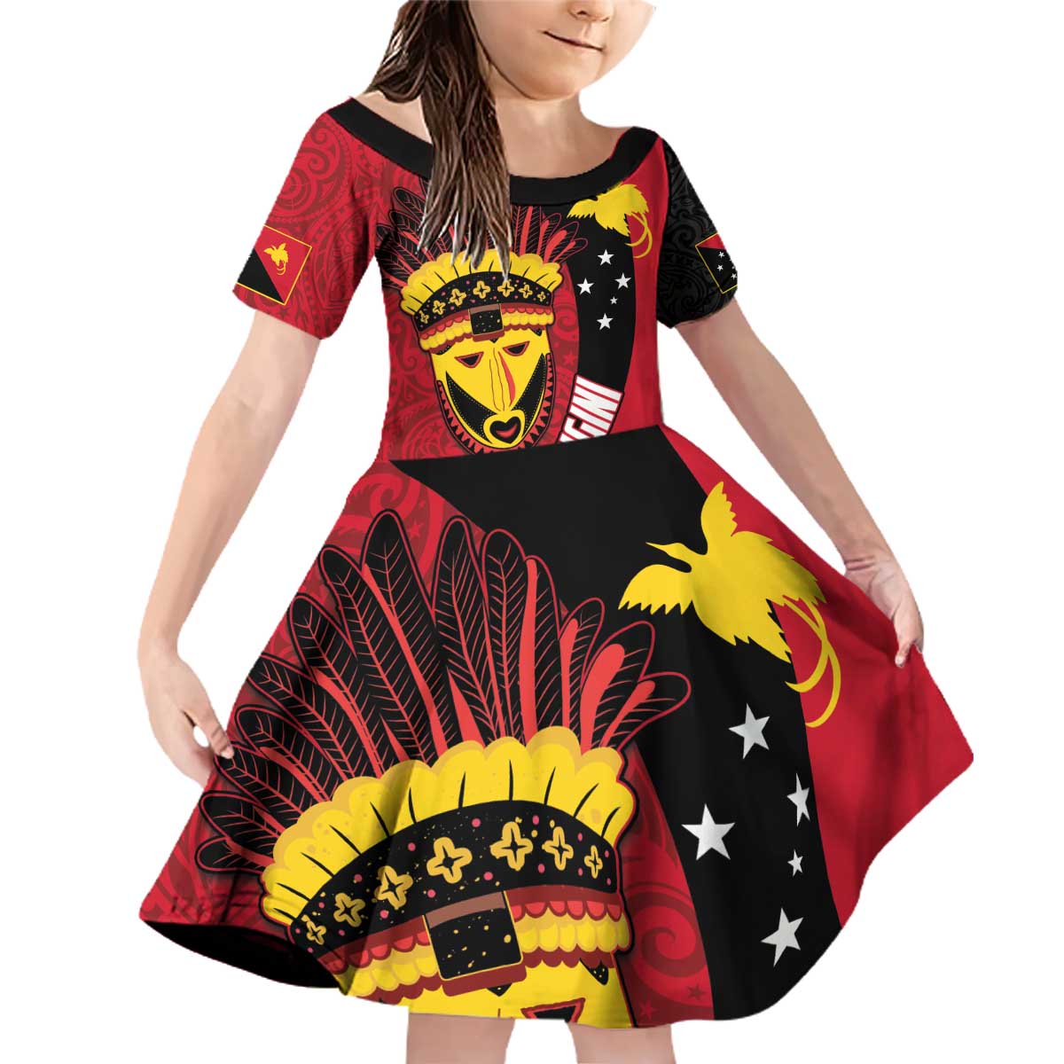 Papua New Guinea Mask Festival Family Matching Off Shoulder Short Dress and Hawaiian Shirt Papua Niugini Tribe Mask Melanesian Pattern LT03 Daughter's Dress Red - Polynesian Pride