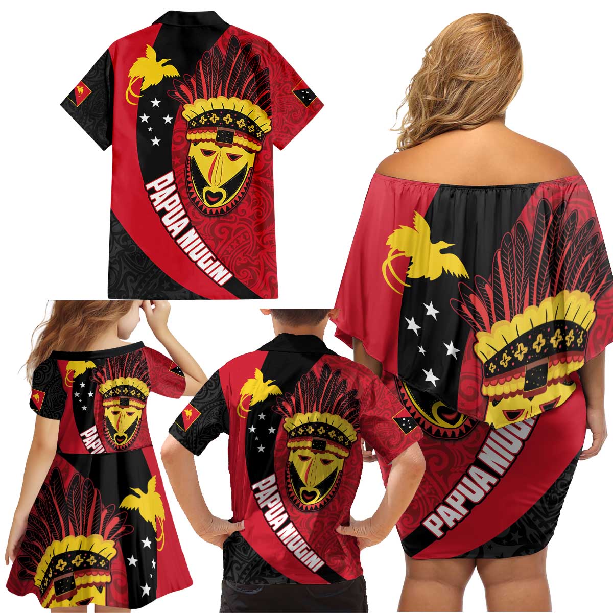 Papua New Guinea Mask Festival Family Matching Off Shoulder Short Dress and Hawaiian Shirt Papua Niugini Tribe Mask Melanesian Pattern LT03 - Polynesian Pride