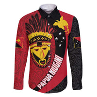 Papua New Guinea Mask Festival Family Matching Off Shoulder Short Dress and Hawaiian Shirt Papua Niugini Tribe Mask Melanesian Pattern LT03 Dad's Shirt - Long Sleeve Red - Polynesian Pride