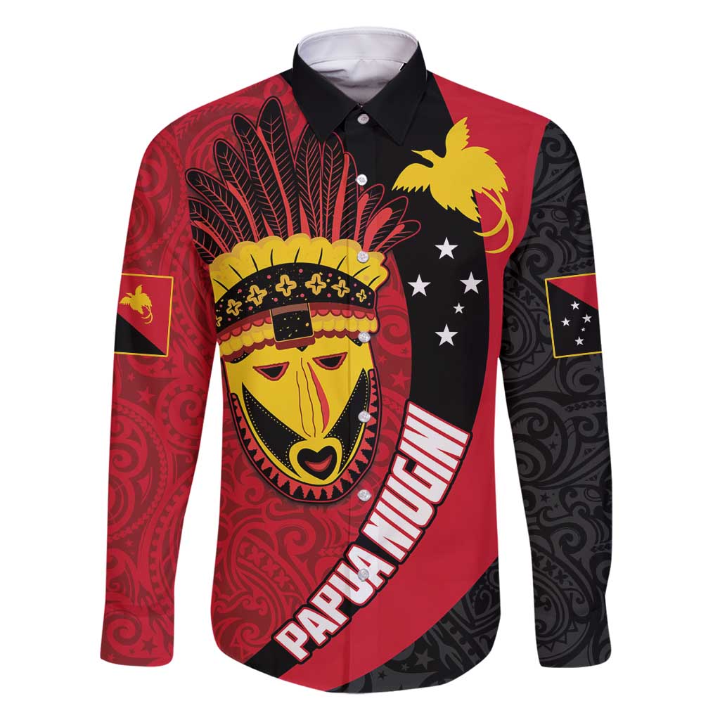 Papua New Guinea Mask Festival Family Matching Tank Maxi Dress and Hawaiian Shirt Papua Niugini Tribe Mask Melanesian Pattern LT03 Dad's Shirt - Long Sleeve Red - Polynesian Pride
