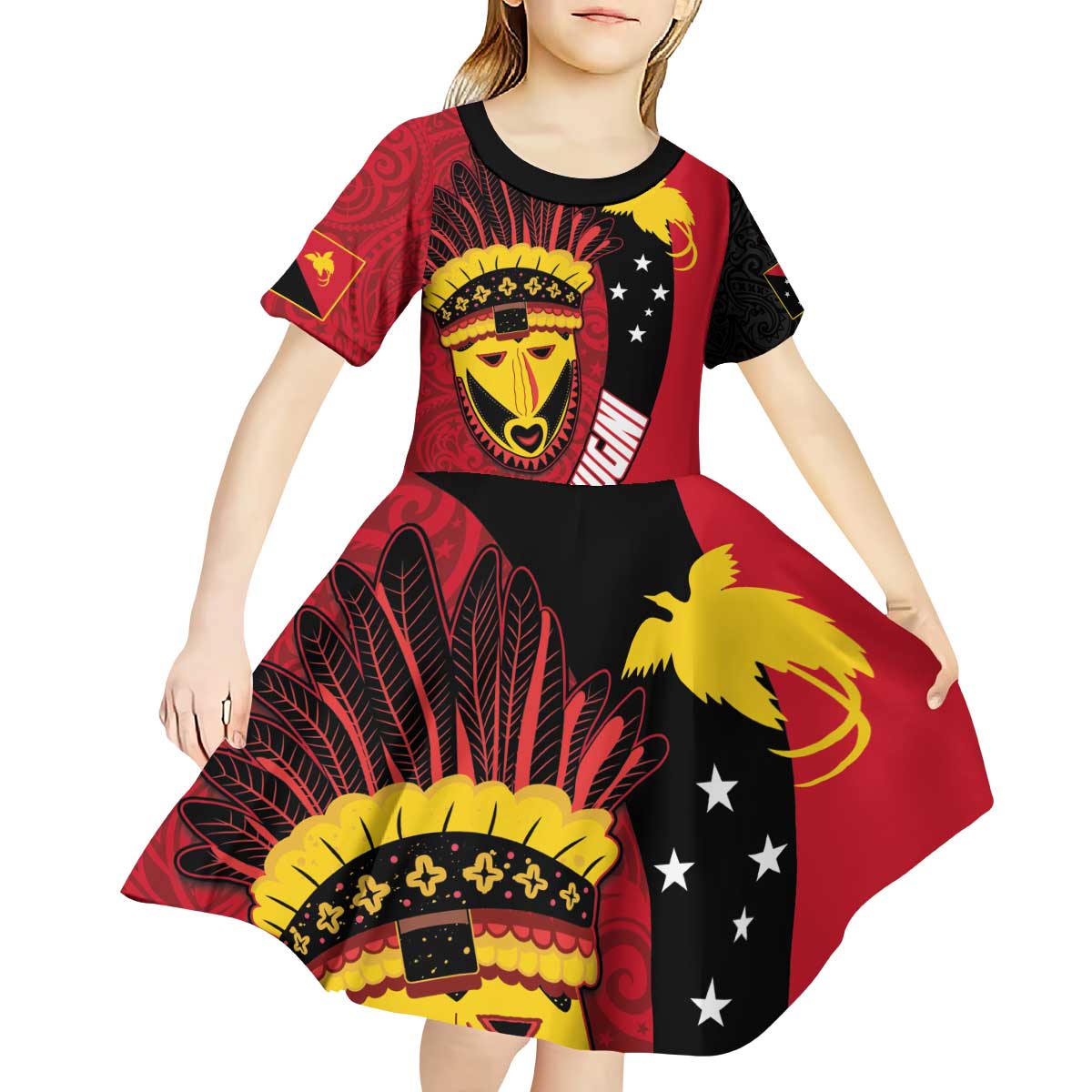 Papua New Guinea Mask Festival Kid Short Sleeve Dress Papua Niugini Tribe Mask Melanesian Pattern LT03 - Polynesian Pride