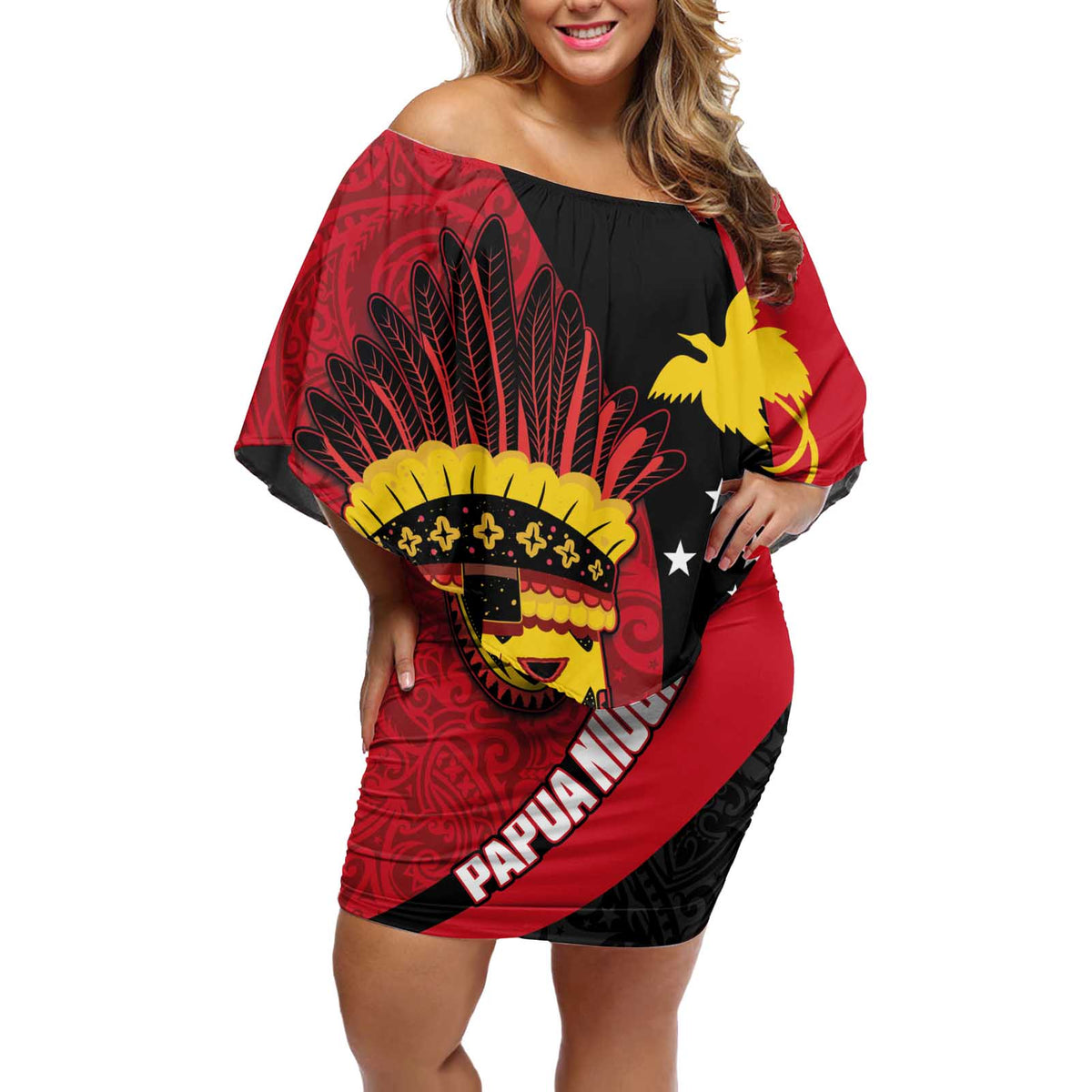 Papua New Guinea Mask Festival Off Shoulder Short Dress Papua Niugini Tribe Mask Melanesian Pattern LT03 Women Red - Polynesian Pride