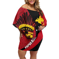 Papua New Guinea Mask Festival Off Shoulder Short Dress Papua Niugini Tribe Mask Melanesian Pattern LT03 Women Red - Polynesian Pride