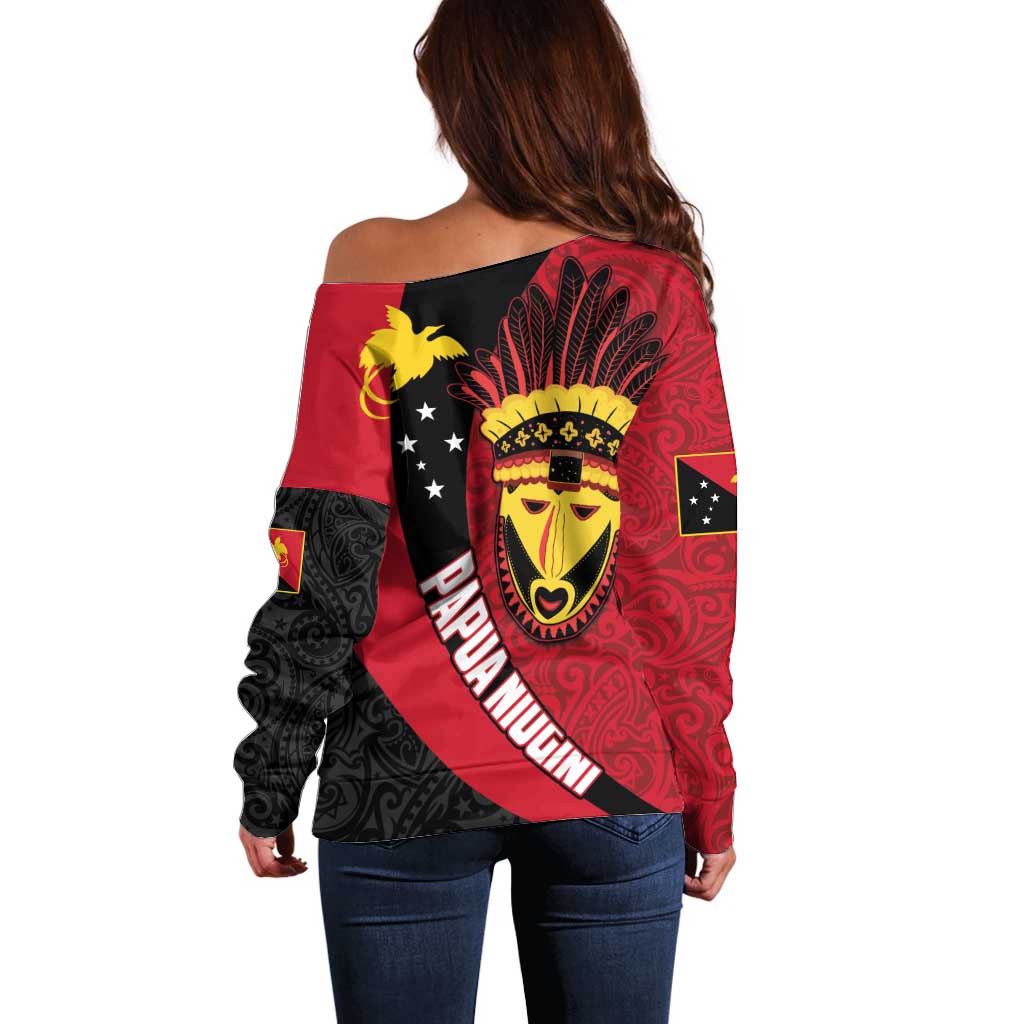 Papua New Guinea Mask Festival Off Shoulder Sweater Papua Niugini Tribe Mask Melanesian Pattern LT03 - Polynesian Pride