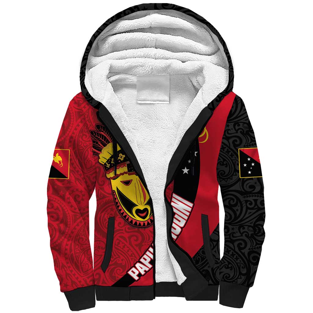 Papua New Guinea Mask Festival Sherpa Hoodie Papua Niugini Tribe Mask Melanesian Pattern LT03 Unisex Red - Polynesian Pride