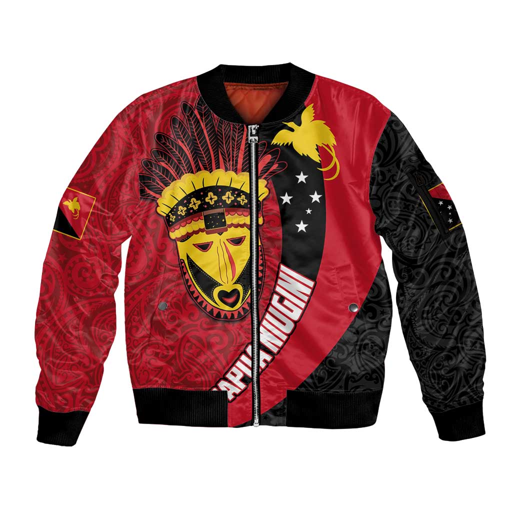 Papua New Guinea Mask Festival Sleeve Zip Bomber Jacket Papua Niugini Tribe Mask Melanesian Pattern LT03 Unisex Red - Polynesian Pride