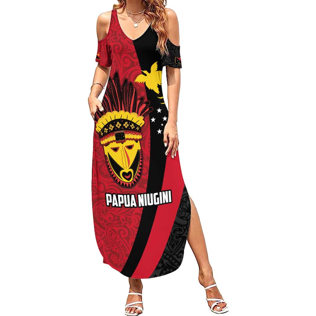 Papua New Guinea Mask Festival Summer Maxi Dress Papua Niugini Tribe Mask Melanesian Pattern LT03 Women Red - Polynesian Pride