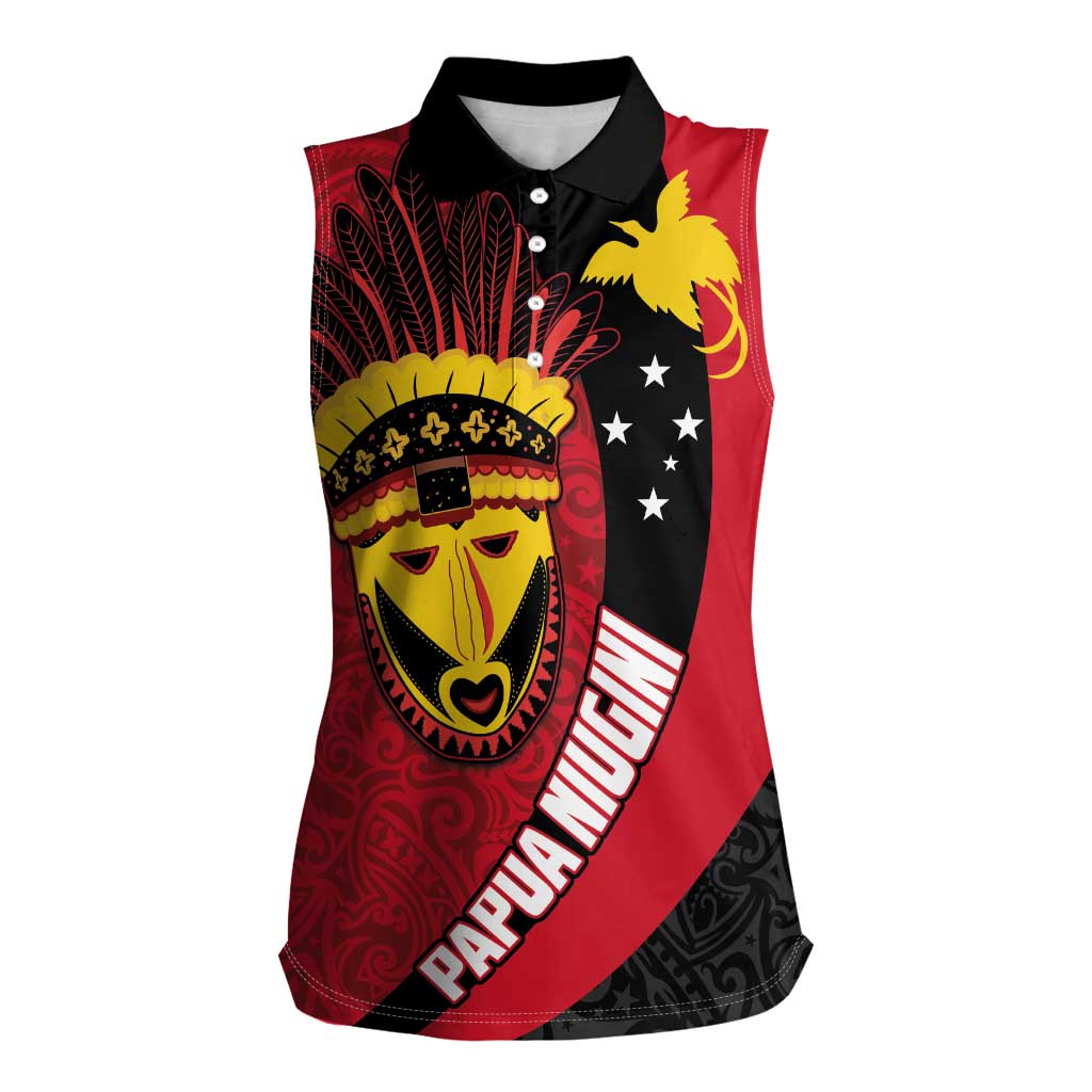 Papua New Guinea Mask Festival Women Sleeveless Polo Shirt Papua Niugini Tribe Mask Melanesian Pattern LT03 Female Red - Polynesian Pride