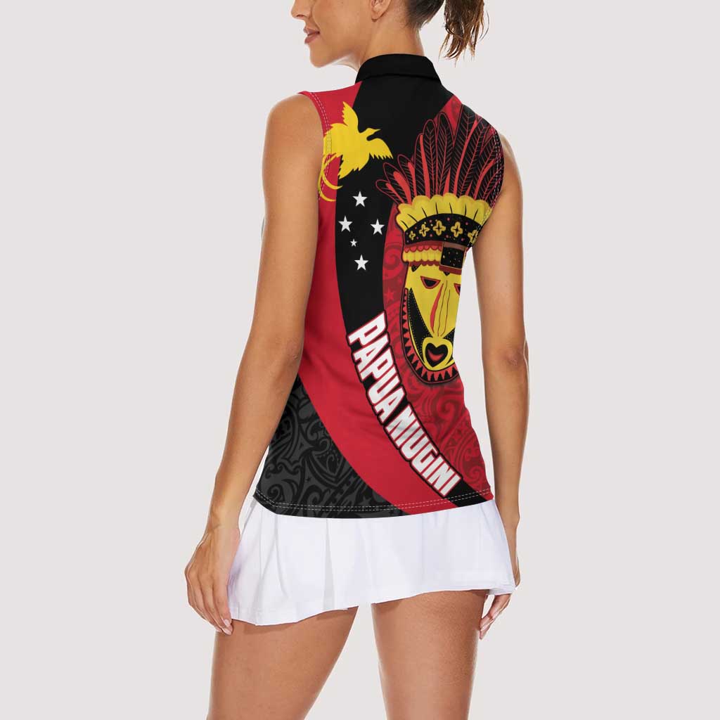 Papua New Guinea Mask Festival Women Sleeveless Polo Shirt Papua Niugini Tribe Mask Melanesian Pattern LT03 - Polynesian Pride