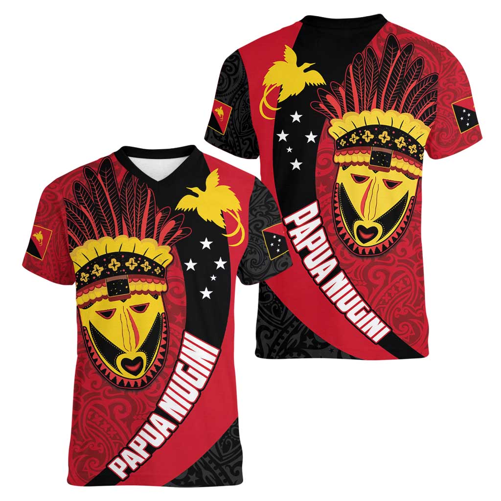 Papua New Guinea Mask Festival Women V-Neck T-Shirt Papua Niugini Tribe Mask Melanesian Pattern LT03 - Polynesian Pride