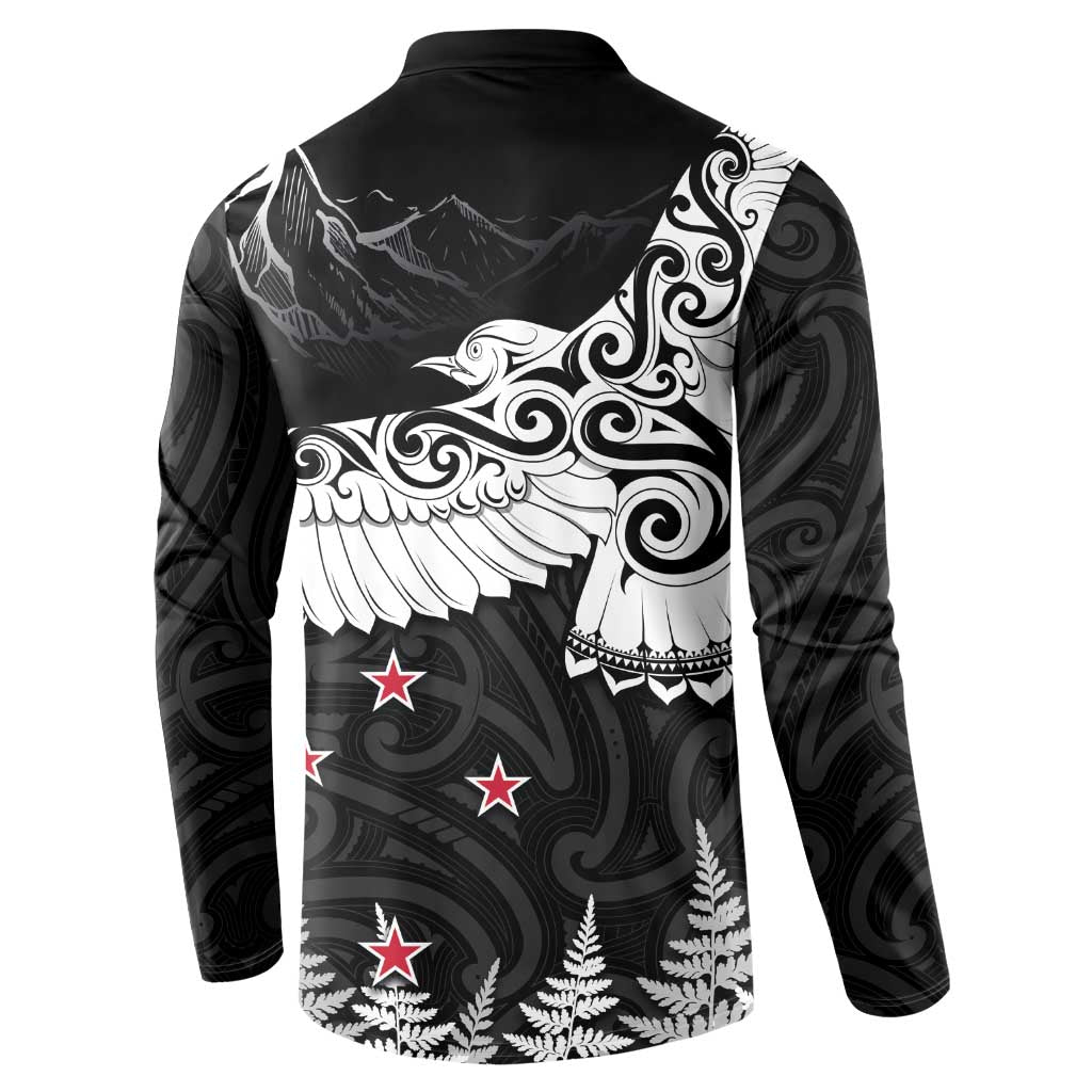 New Zealand Kea Bird Button Sweatshirt Maori Tattoo and Silver Fern Black Color