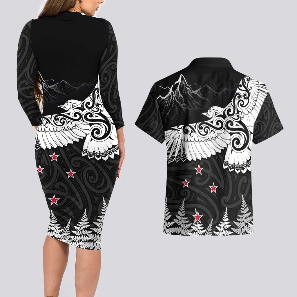 New Zealand Kea Bird Couples Matching Long Sleeve Bodycon Dress and Hawaiian Shirt Maori Tattoo and Silver Fern Black Color LT03 - Polynesian Pride