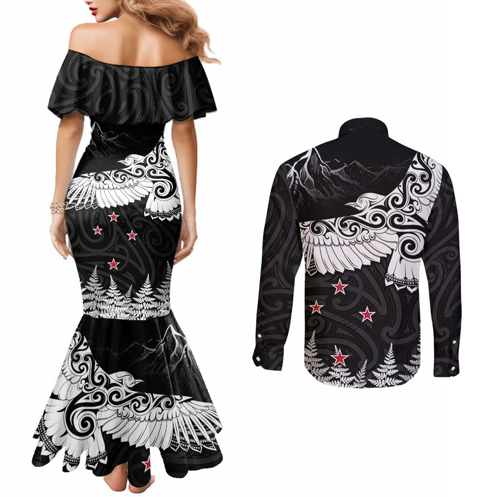 New Zealand Kea Bird Couples Matching Mermaid Dress and Long Sleeve Button Shirt Maori Tattoo and Silver Fern Black Color LT03 - Polynesian Pride
