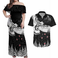 New Zealand Kea Bird Couples Matching Off Shoulder Maxi Dress and Hawaiian Shirt Maori Tattoo and Silver Fern Black Color LT03 Black - Polynesian Pride