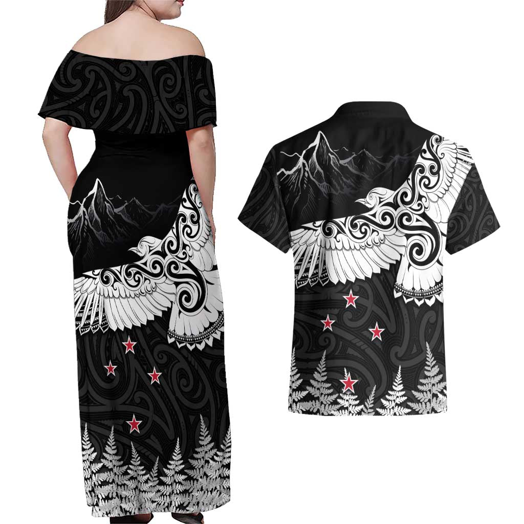 New Zealand Kea Bird Couples Matching Off Shoulder Maxi Dress and Hawaiian Shirt Maori Tattoo and Silver Fern Black Color LT03 - Polynesian Pride