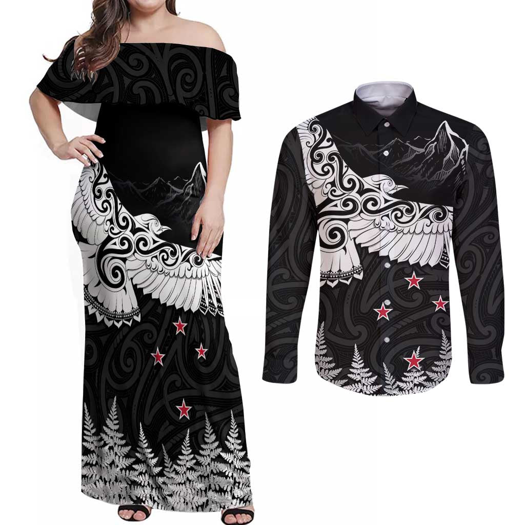 New Zealand Kea Bird Couples Matching Off Shoulder Maxi Dress and Long Sleeve Button Shirt Maori Tattoo and Silver Fern Black Color LT03 Black - Polynesian Pride