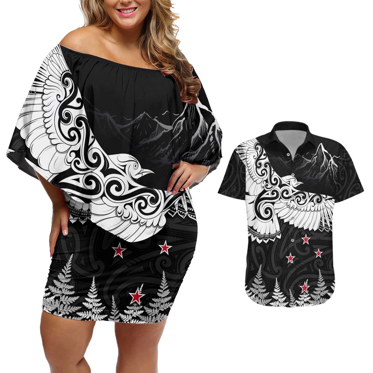 New Zealand Kea Bird Couples Matching Off Shoulder Short Dress and Hawaiian Shirt Maori Tattoo and Silver Fern Black Color LT03 Black - Polynesian Pride