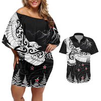 New Zealand Kea Bird Couples Matching Off Shoulder Short Dress and Hawaiian Shirt Maori Tattoo and Silver Fern Black Color LT03 Black - Polynesian Pride