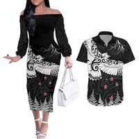 New Zealand Kea Bird Couples Matching Off The Shoulder Long Sleeve Dress and Hawaiian Shirt Maori Tattoo and Silver Fern Black Color LT03 Black - Polynesian Pride