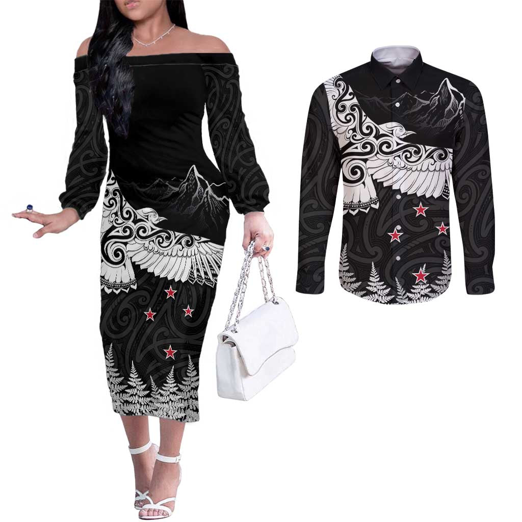 New Zealand Kea Bird Couples Matching Off The Shoulder Long Sleeve Dress and Long Sleeve Button Shirt Maori Tattoo and Silver Fern Black Color LT03 Black - Polynesian Pride