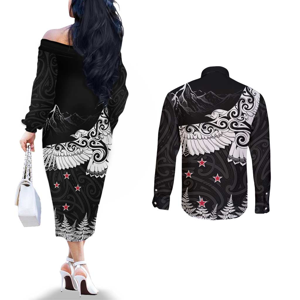 New Zealand Kea Bird Couples Matching Off The Shoulder Long Sleeve Dress and Long Sleeve Button Shirt Maori Tattoo and Silver Fern Black Color LT03 - Polynesian Pride