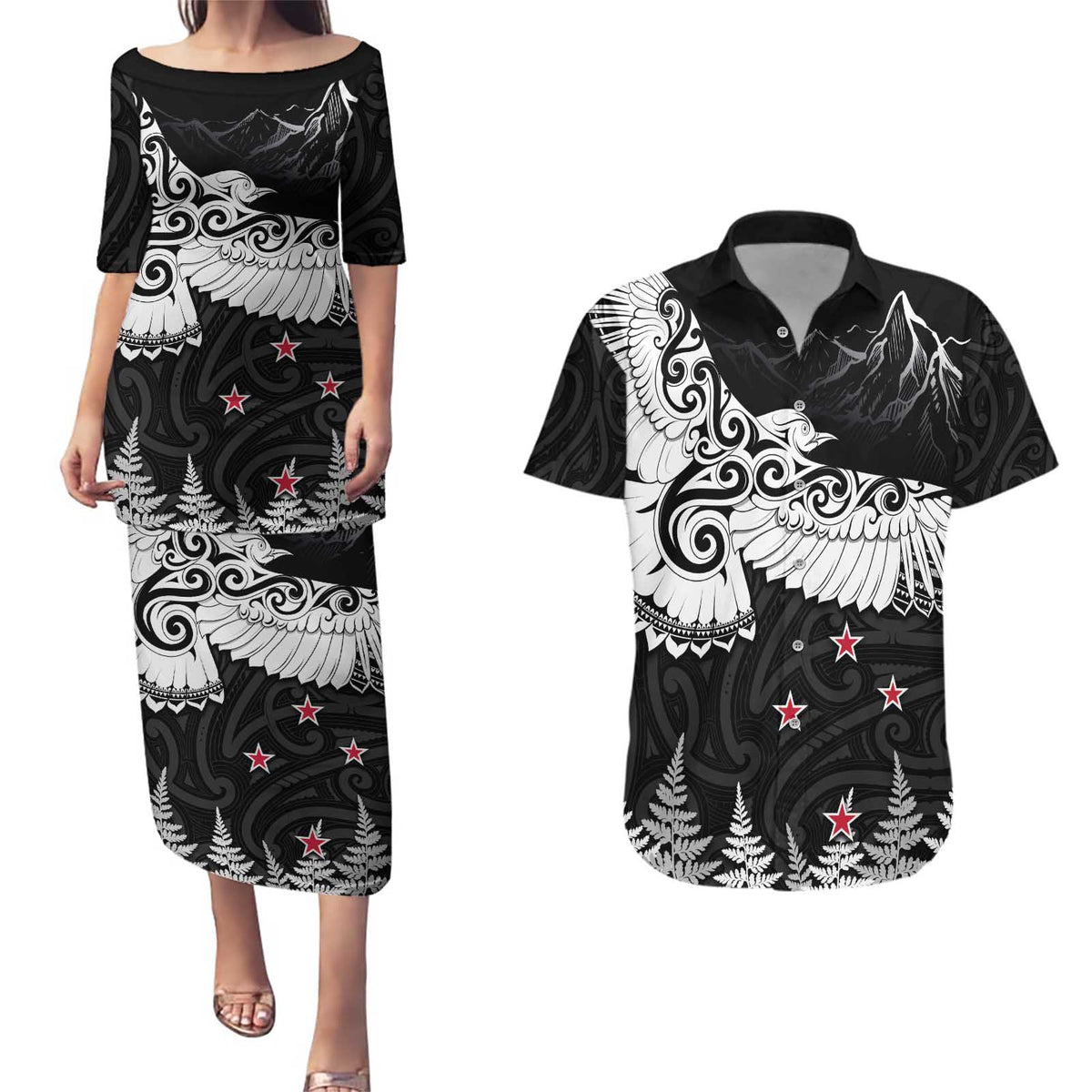 New Zealand Kea Bird Couples Matching Puletasi and Hawaiian Shirt Maori Tattoo and Silver Fern Black Color LT03 Black - Polynesian Pride
