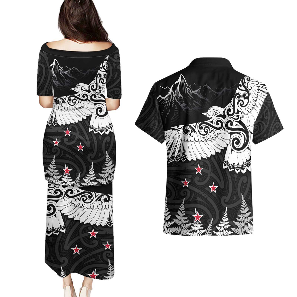 New Zealand Kea Bird Couples Matching Puletasi and Hawaiian Shirt Maori Tattoo and Silver Fern Black Color LT03 - Polynesian Pride