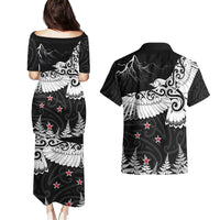 New Zealand Kea Bird Couples Matching Puletasi and Hawaiian Shirt Maori Tattoo and Silver Fern Black Color LT03 - Polynesian Pride