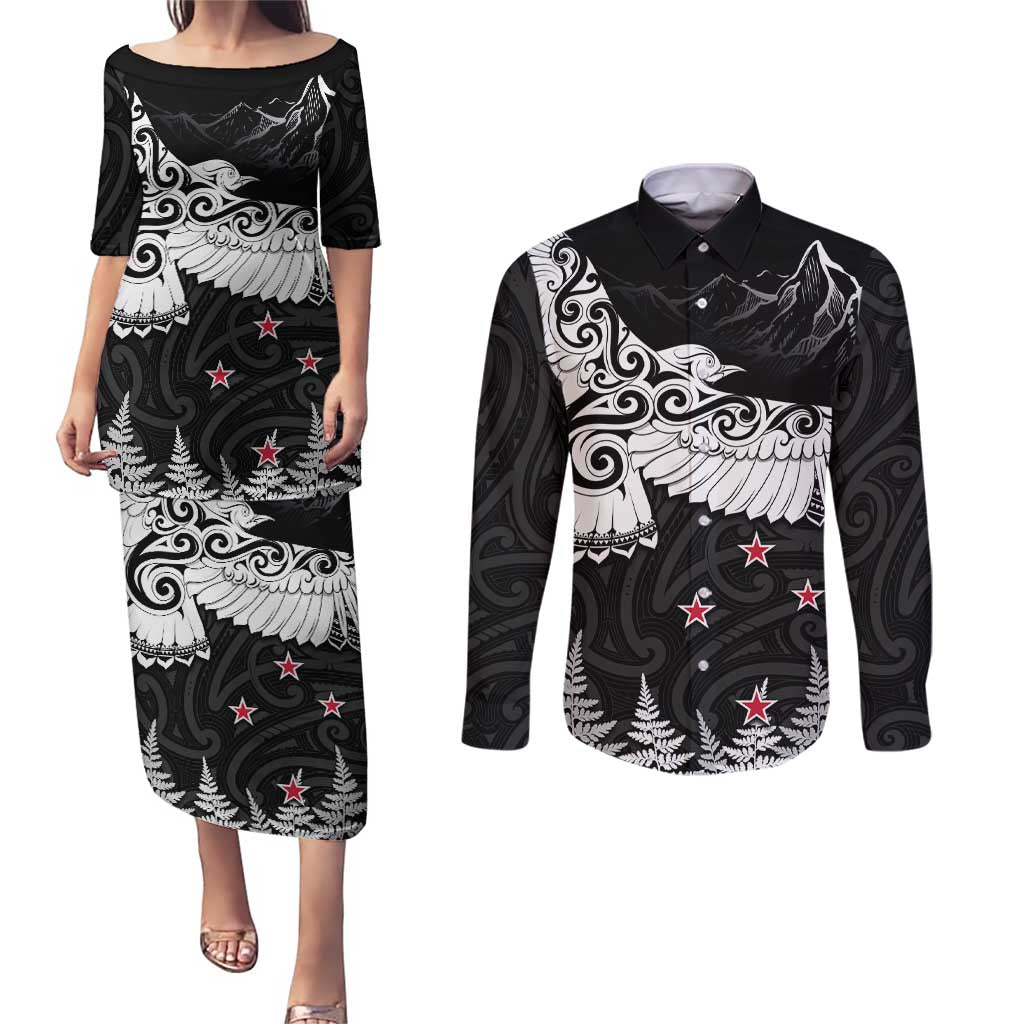 New Zealand Kea Bird Couples Matching Puletasi and Long Sleeve Button Shirt Maori Tattoo and Silver Fern Black Color LT03 Black - Polynesian Pride