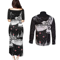New Zealand Kea Bird Couples Matching Puletasi and Long Sleeve Button Shirt Maori Tattoo and Silver Fern Black Color LT03 - Polynesian Pride